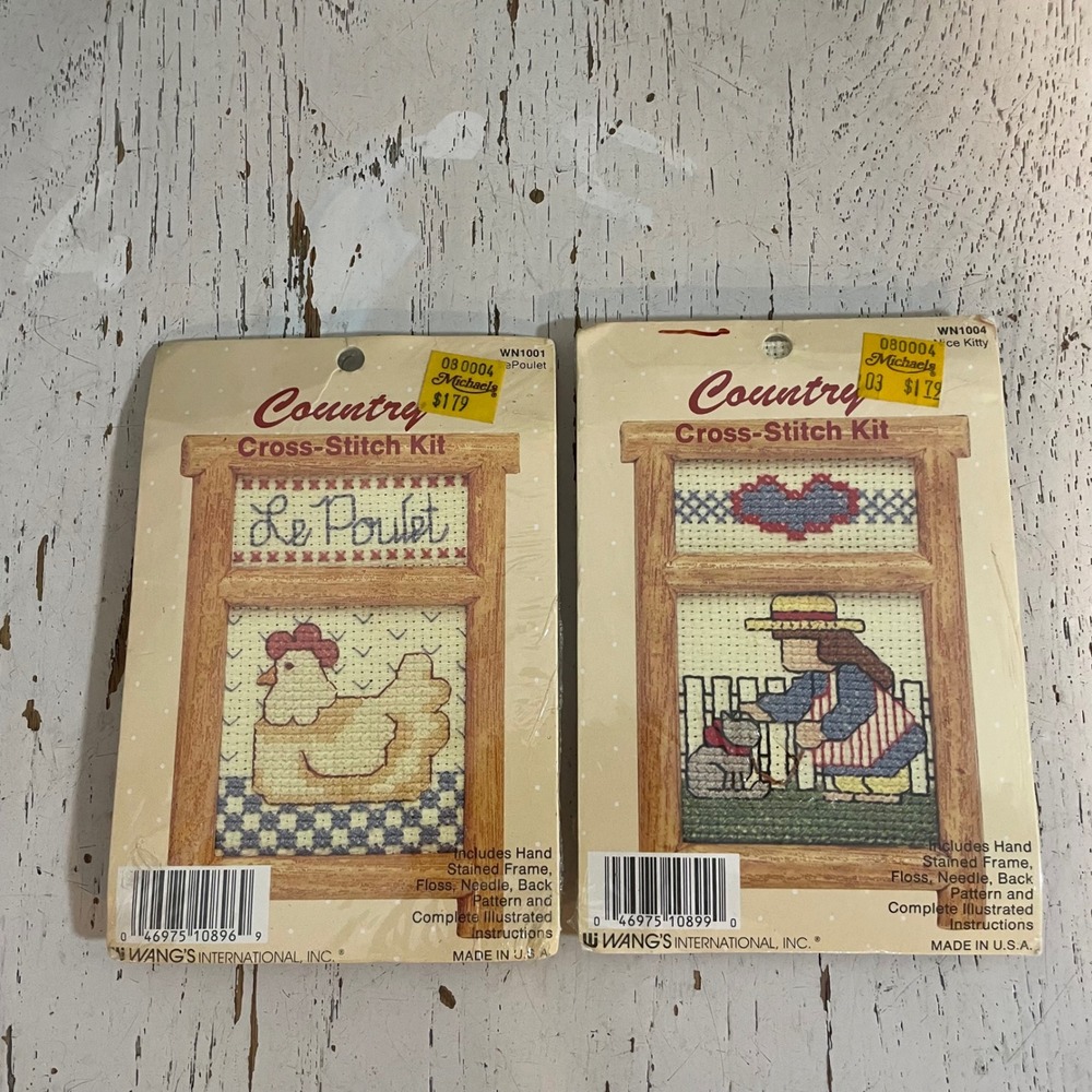 VTG Wangs Country Cross Stitch Kit Lot Le Poulet Nice Kitty Chicken Cottagecore